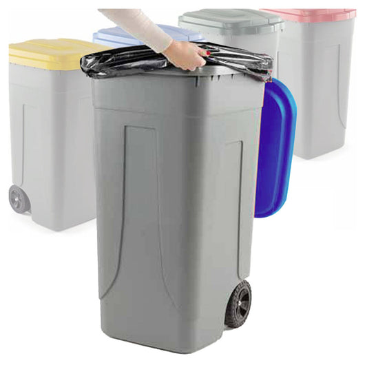 Trade Shop - Bidone Raccolta Differenziata 100 Litri Con Coperchio Colorato E Ruote -