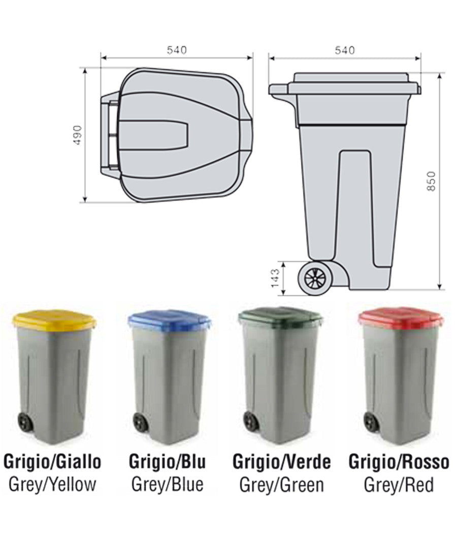 Trade Shop - Bidone Raccolta Differenziata 100 Litri Con Coperchio Colorato E Ruote -