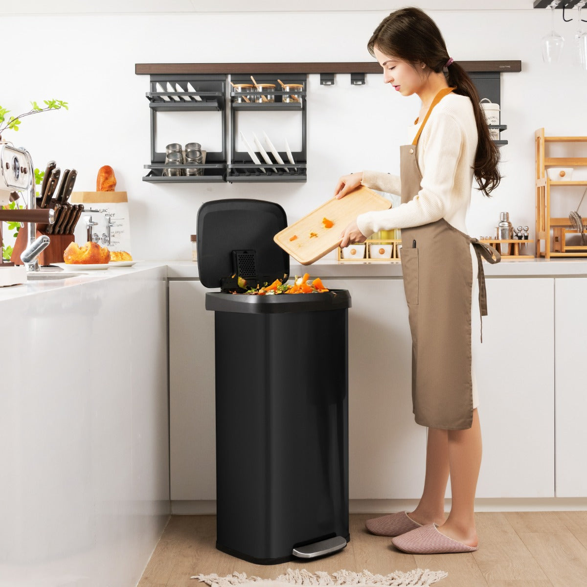 Cestino dell'immondizia in acciaio inox con coperchio con chiusura automatica, Bidone della spazzatura 68L Nero-Organizzazione della cucina