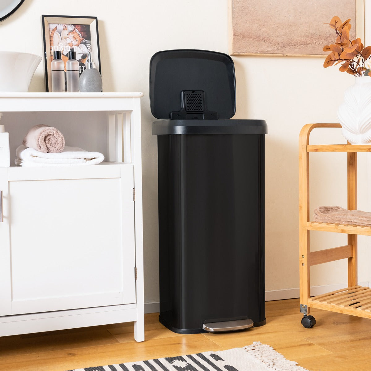 Cestino dell'immondizia in acciaio inox con coperchio con chiusura automatica, Bidone della spazzatura 68L Nero-Organizzazione della cucina