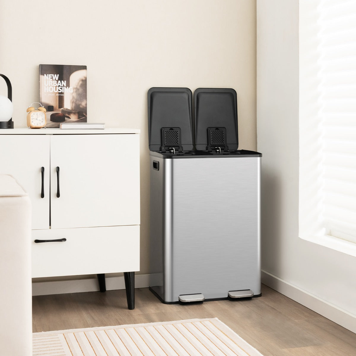 Bidone per la raccolta differenziata con 2 scomparti da 30 L, Bidone con coperchi a chiusura ammortizzata Argento-Organizzazione della cucina