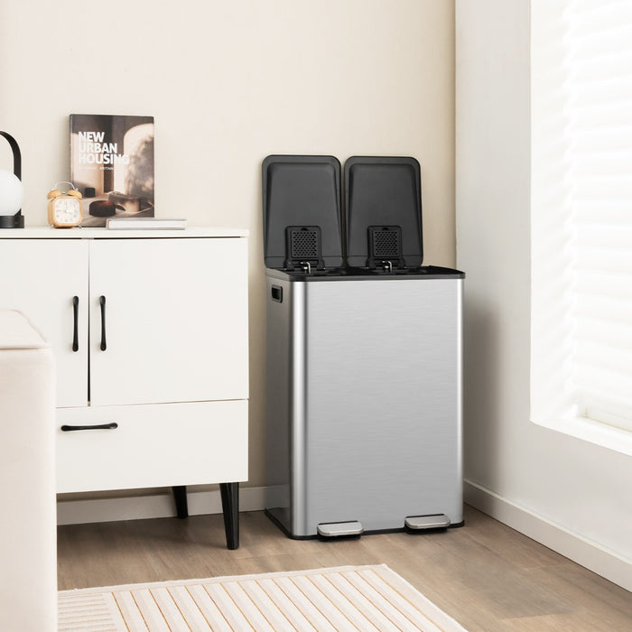 Bidone per la raccolta differenziata con 2 scomparti da 30 L, Bidone con coperchi a chiusura ammortizzata Argento-Organizzazione della cucina