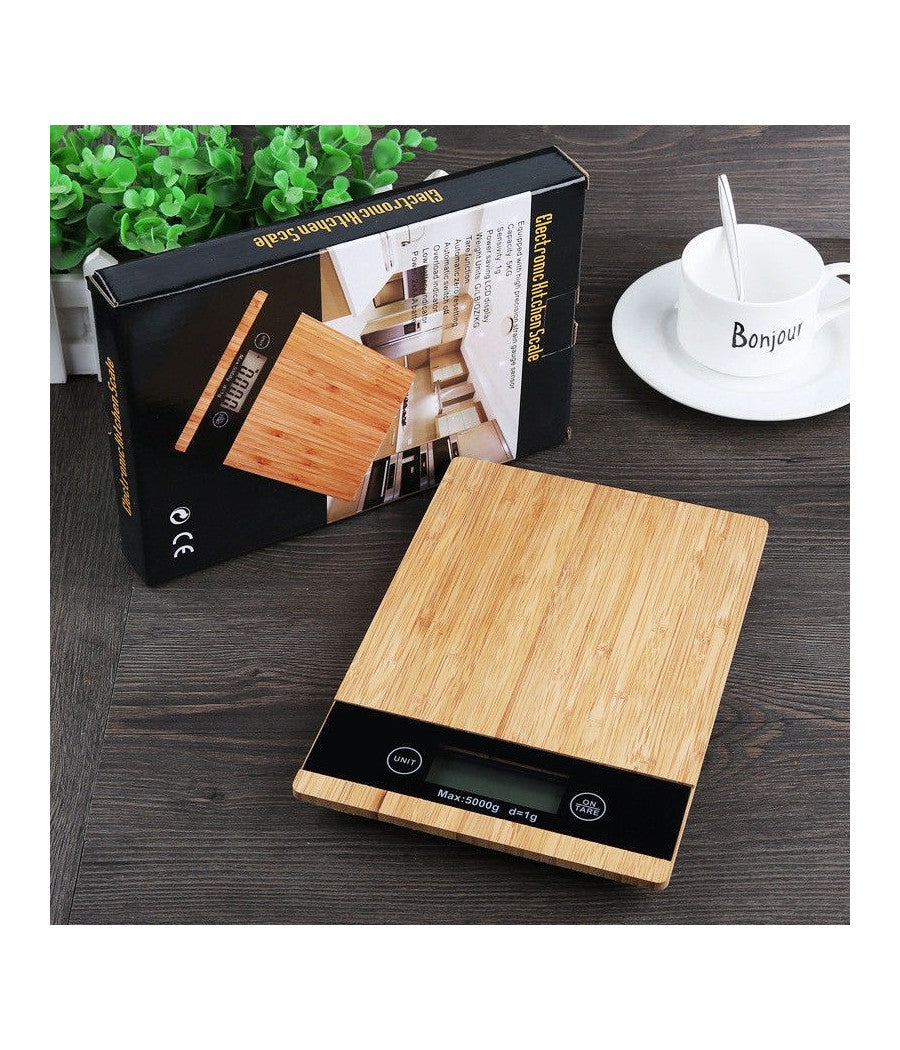 Bilancia Da Cucina Digitale Di Precisione Pesa 1gr/5 Kg Tara Piatto Legno         