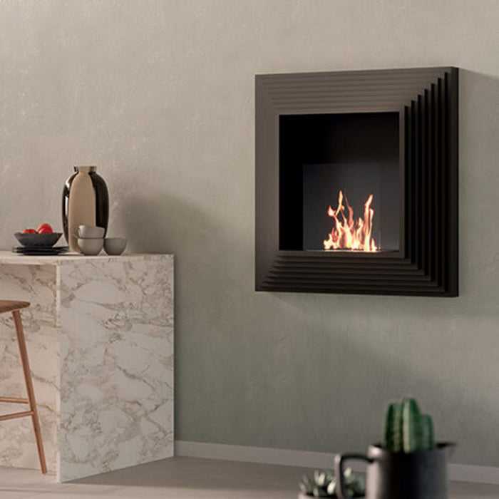 Biocamino da parete Elysium Nero 2,5 kW – struttura acciaio, vetro protettivo, fissaggio a parete – Tecno Air System