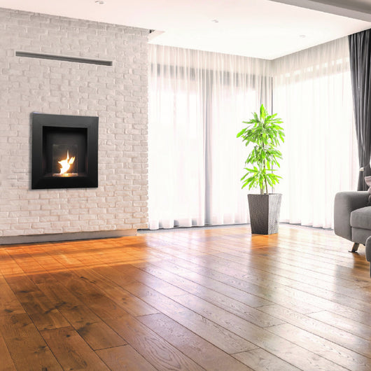 Biocamino da parete Elysium Nero 2,5 kW – struttura acciaio, vetro protettivo, fissaggio a parete – Tecno Air System