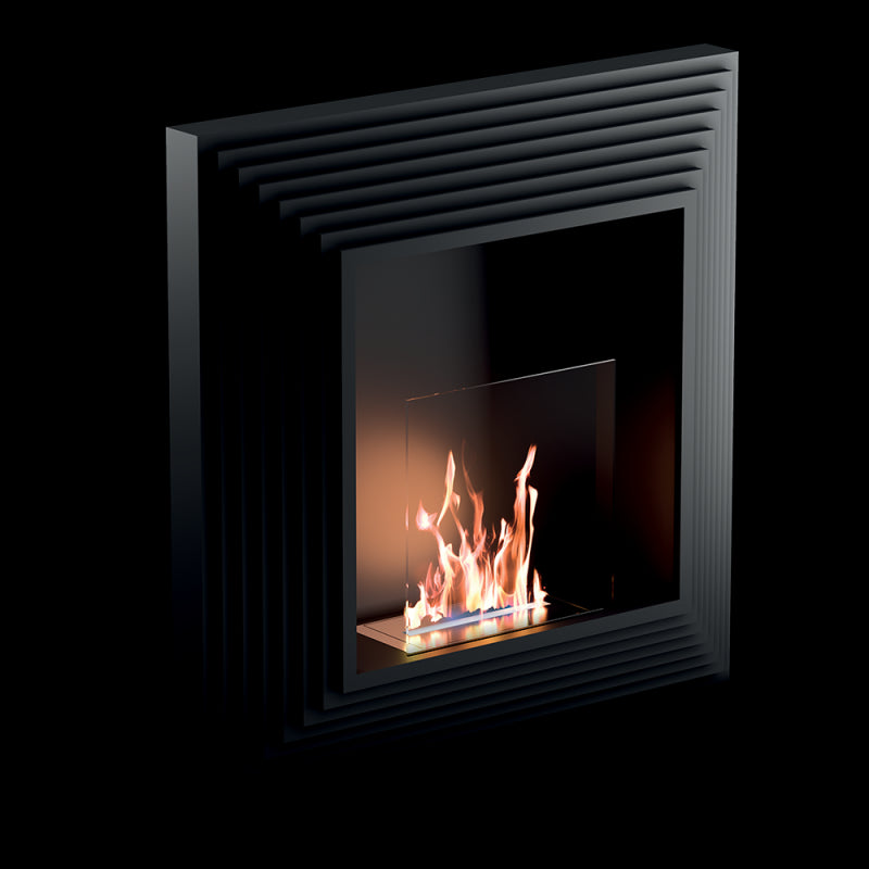 Biocamino da parete Elysium Nero 2,5 kW – struttura acciaio, vetro protettivo, fissaggio a parete – Tecno Air System