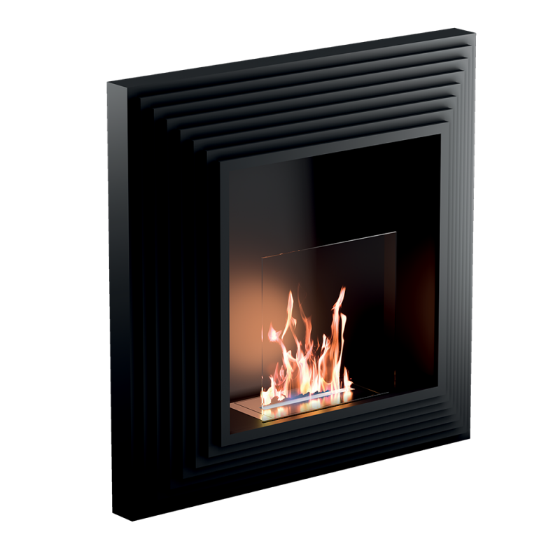 Biocamino da parete Elysium Nero 2,5 kW – struttura acciaio, vetro protettivo, fissaggio a parete – Tecno Air System