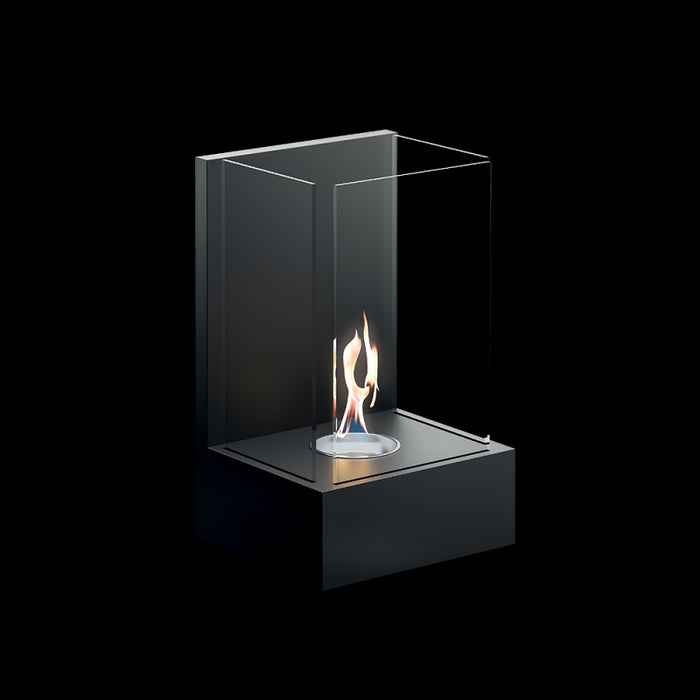 Biocamino parete / tavolo Altea Nero 0,8 kW – 3 vetri protezione, fiamma a spirale, struttura acciaio – Tecno Air System