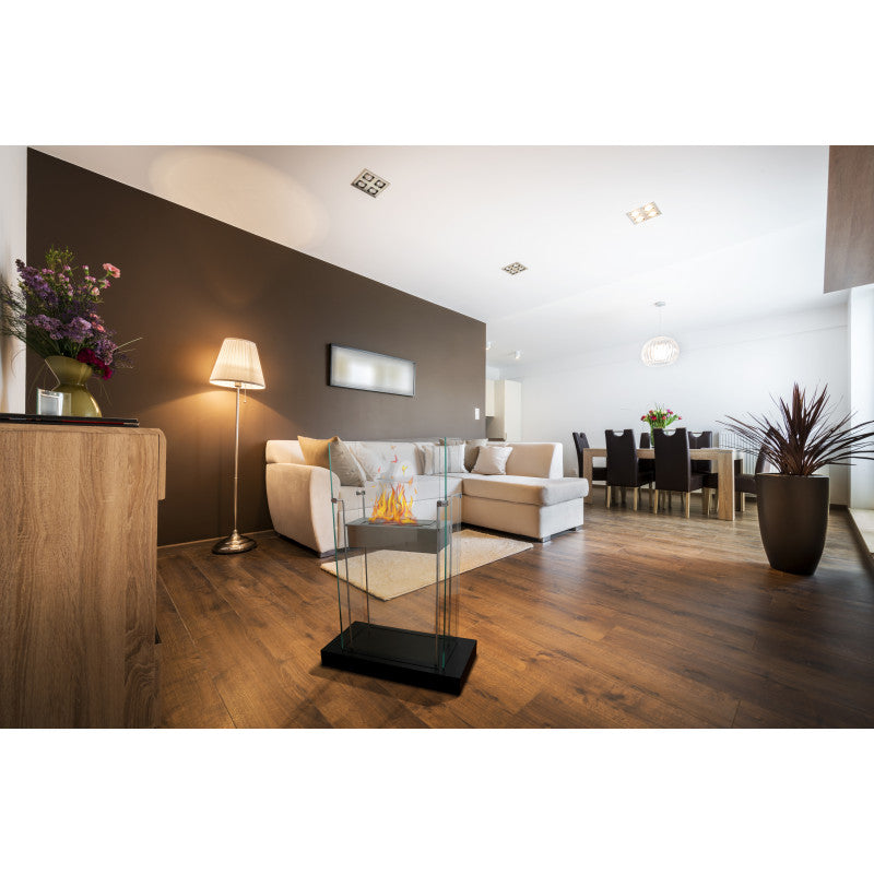 Biocamino pavimento Atlanta Nero 2 kW – struttura acciaio + base in legno, 4 vetri – Tecno Air System