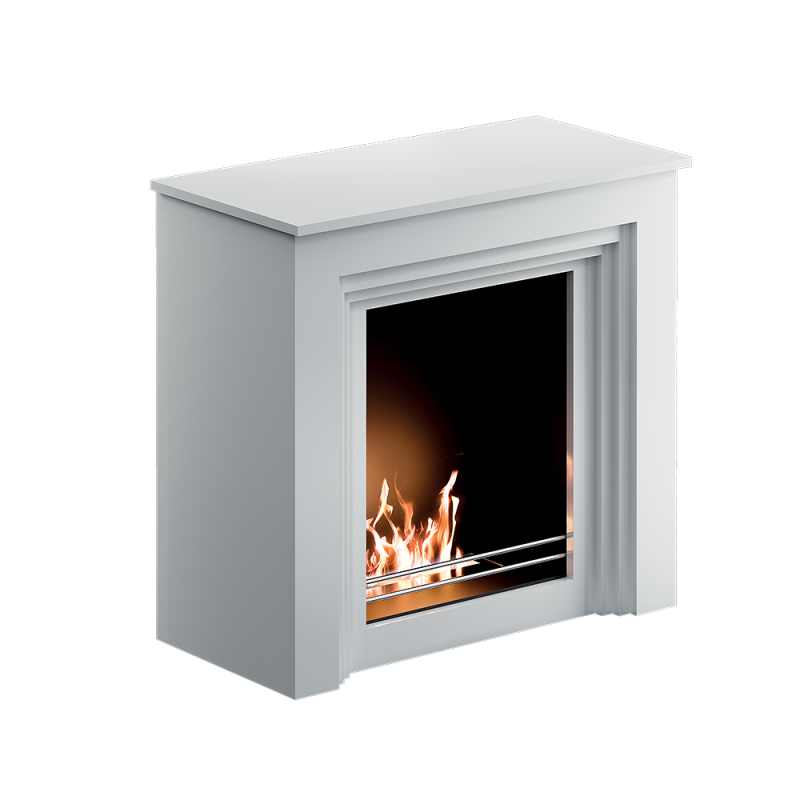 Biocamino pavimento Falcade Bianco 2 kW – struttura in legno assemblata, vetro frontale – Tecno Air System