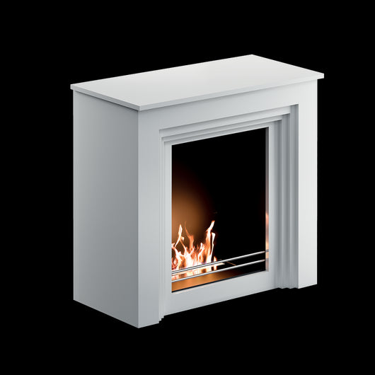 Biocamino pavimento Falcade Bianco 2 kW – struttura in legno assemblata, vetro frontale – Tecno Air System