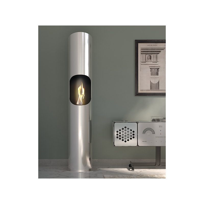 Biocamino pavimento Portofino Acciaio 1,8 kW – struttura inox, altezza 180 cm, design alto – Tecno Air System