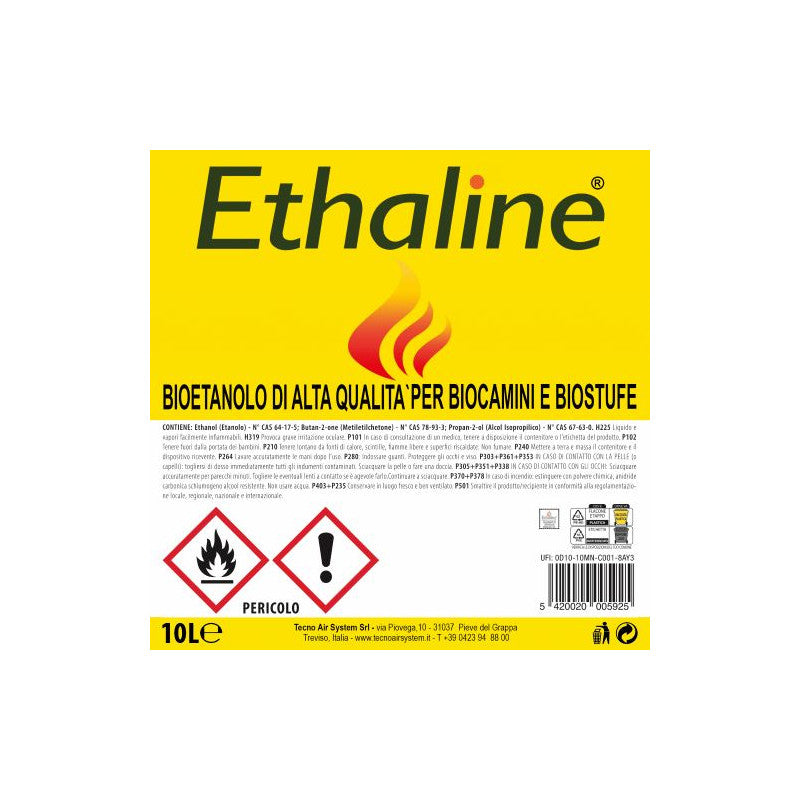 Bioetanolo Ethaline Confezione 2 Taniche da 10 L – ultra purificato (>96 %), senza fumo e odore, ideale per biocamini – Tecno Air System