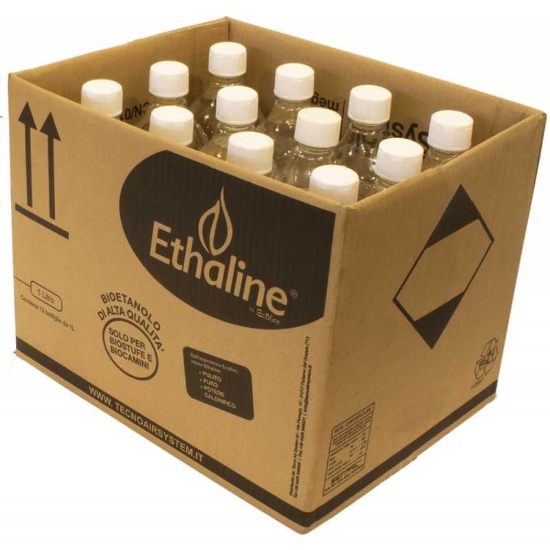 Bioetanolo liquido Ethaline Confezione 12 Flaconi da 1 L – purezza > 96 %, accensione rapida, zero fumo – Tecno Air System
