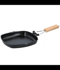 Bistecchiera Antiaderente Piastra Griglia Con Manico Pieghevole In Legno 24x24cm         