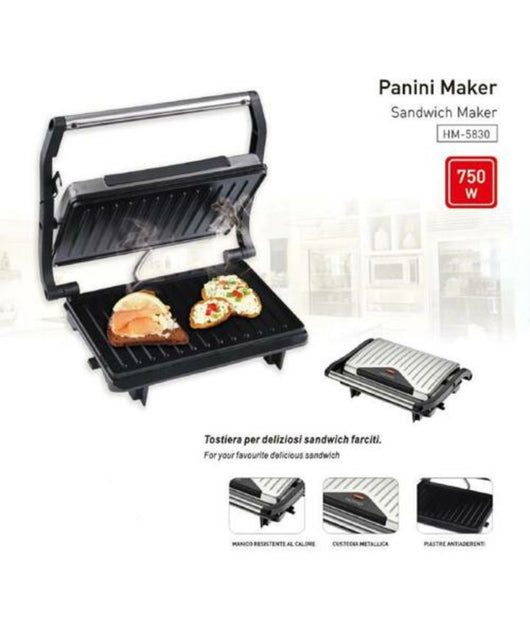 Bistecchiera Elettrica Piastra Per Panini 750 Watt Toast Con Apertura Basculante         
