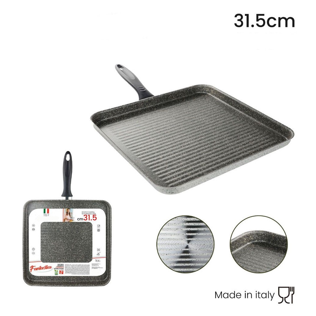 Trade Shop - Bistecchiera Quadrata 31.5 Cm Pietra Antiaderente Antigraffio Con Manico Nero 041064m -