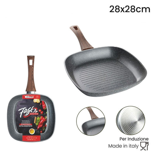 Trade Shop - Bistecchiera Quadrata Antiaderente Antigraffio Per Induzione Manico Legno Da 24x24/28x28cm -    -28 Cm   -