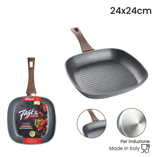 Trade Shop - Bistecchiera Quadrata Antiaderente Antigraffio Per Induzione Manico Legno Da 24x24/28x28cm -