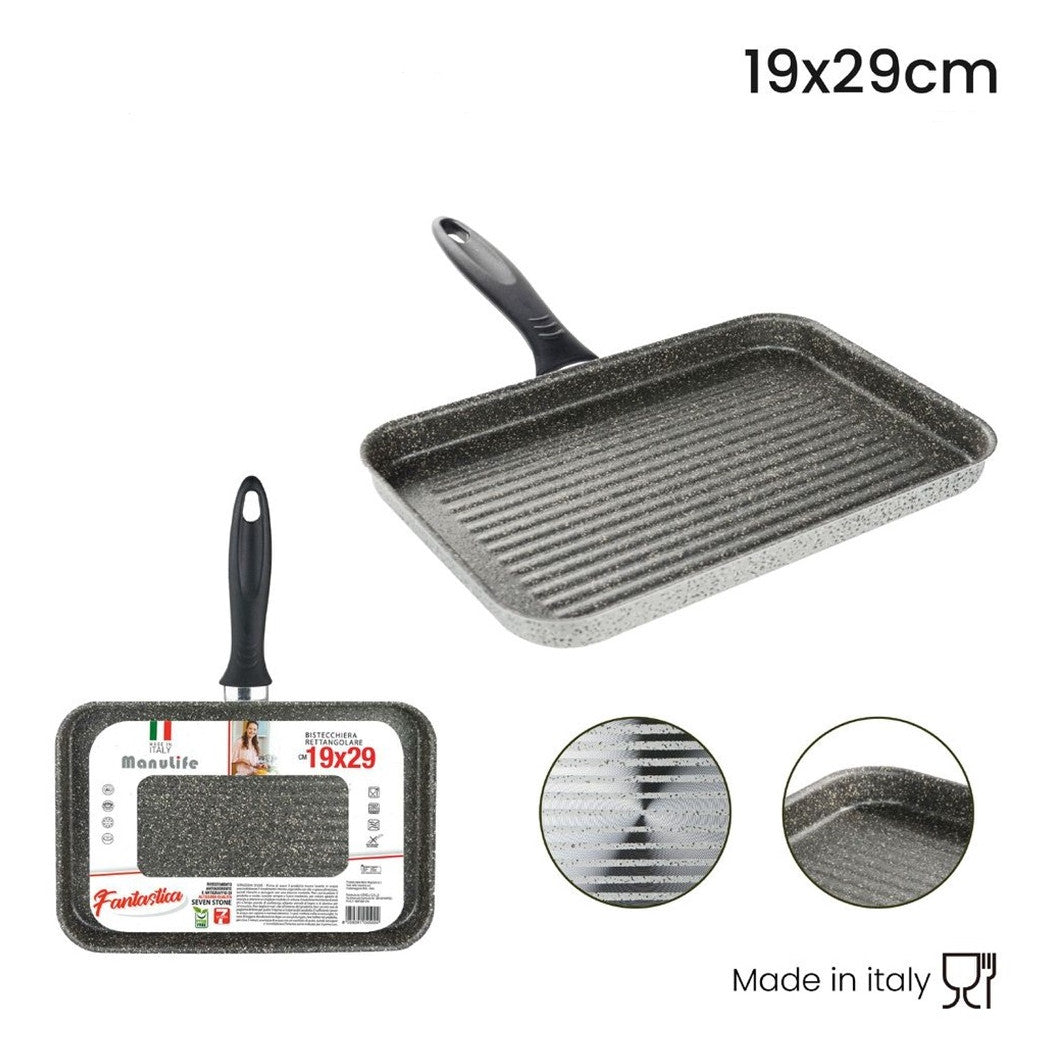Trade Shop - Bistecchiera Rettangolare 19x29cm Pietra Antiaderente Antigraffio Con Manico Nero 045024m -