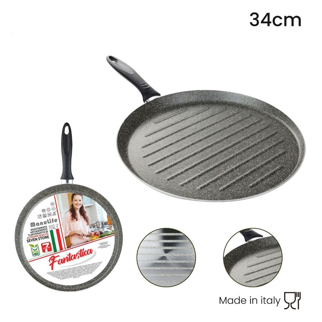 Trade Shop - Bistecchiera Tonda Rigata Padella Cucina Antiaderente Antigraffio 7 Strati 34 Cm 045017m -