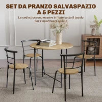 Set Tavolo da Pranzo Rotondo con 4 Sedie Salvaspazio in Legno e Metallo Stile Industriale