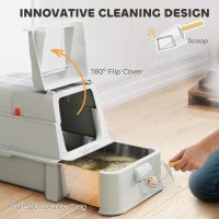 Lettiera per Gatti Chiusa da 80L con Vassoio Estraibile, in ABS e Acciaio Inox, 63x43x43 cm, Grigio Chiaro