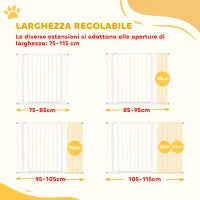 Cancelletto di Sicurezza per Cani in Acciaio e ABS, Estensibile 75-115cm per Scale e Porte, Bianco