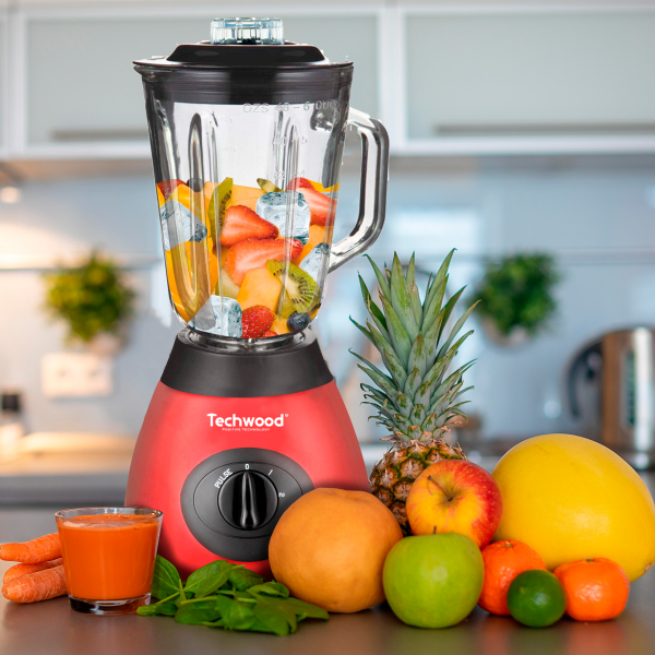 Blender Inox 500W Techwood TBLI-385 con Caraffa in Vetro 1,5L, 6 Lame in Acciaio e Funzione Tritaghiaccio