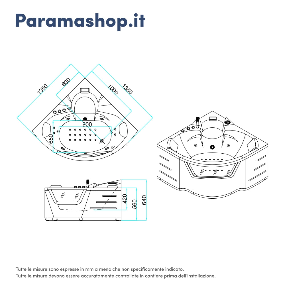 Vasca idromassaggio angolare 135x135 da interno con riscaldamento | Bliss