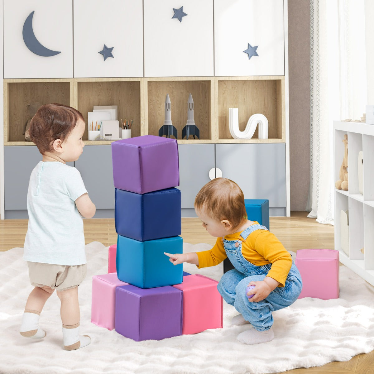 Blocchi in schiuma cubi colorati impilabili con rivestimento in pelle sintetica-Blocchi in schiuma set da 12 cubi per bambini Colorato 1