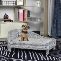 Cuccia per Animali Domestici Forma Chaise Longue in Vimini Grigio Cuscino in Pile 69x42x33cm