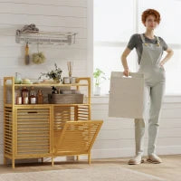 Mobile Portabiancheria con 2 Cesti da 41L e 2 Ripiani, in Bambù e Poliestere, 82x33x88 cm, color Legno e Crema