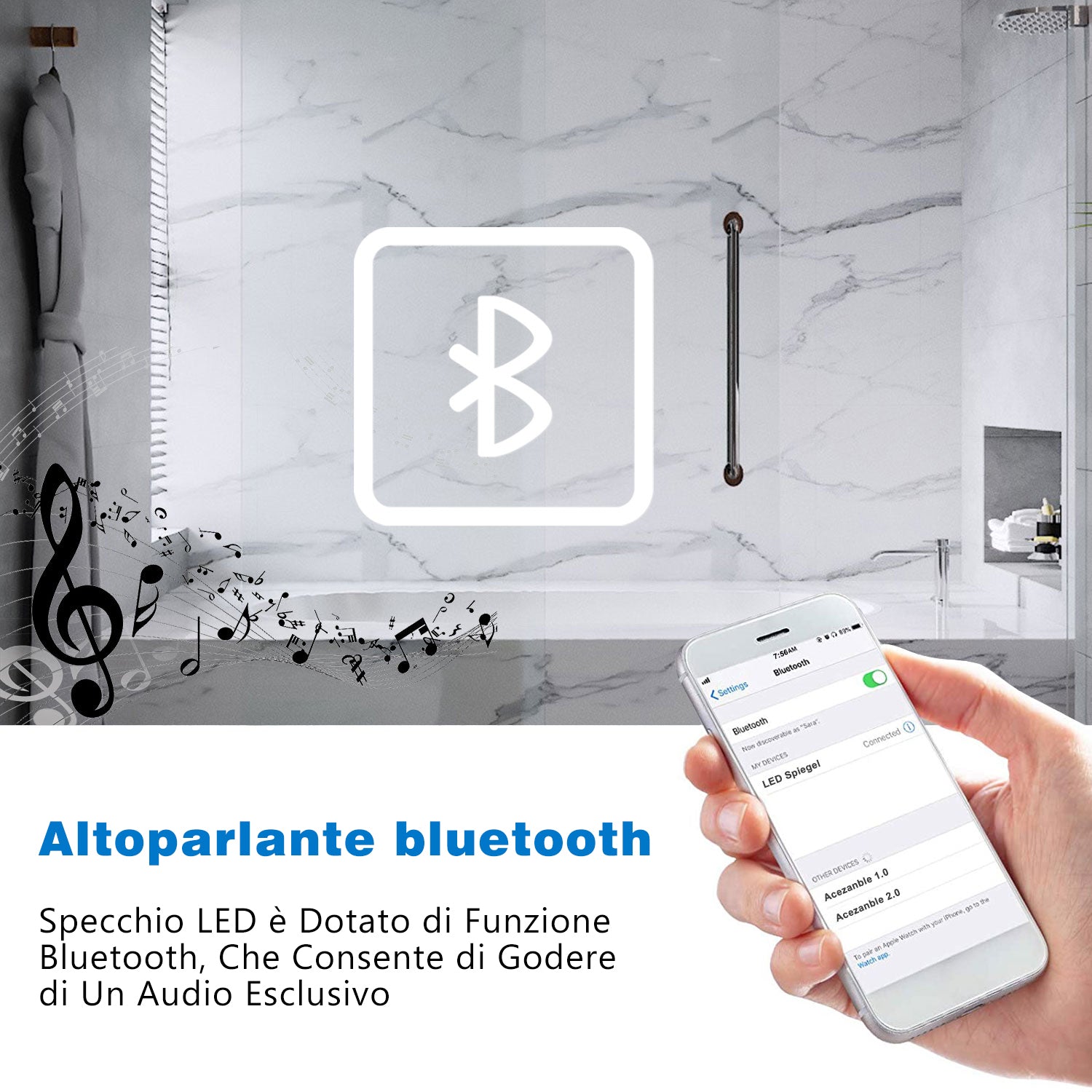AICA Specchio da bagno a LED, Rettangolare 70 x 50 cm, Anti nebbia, Regolabile 3 LED di colore, Bluetooth