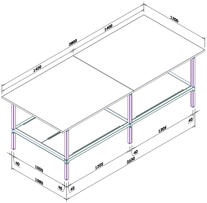 Banco per lavoro con struttura di metallo zincata e piano in nobilitato cm. 280x120x93h