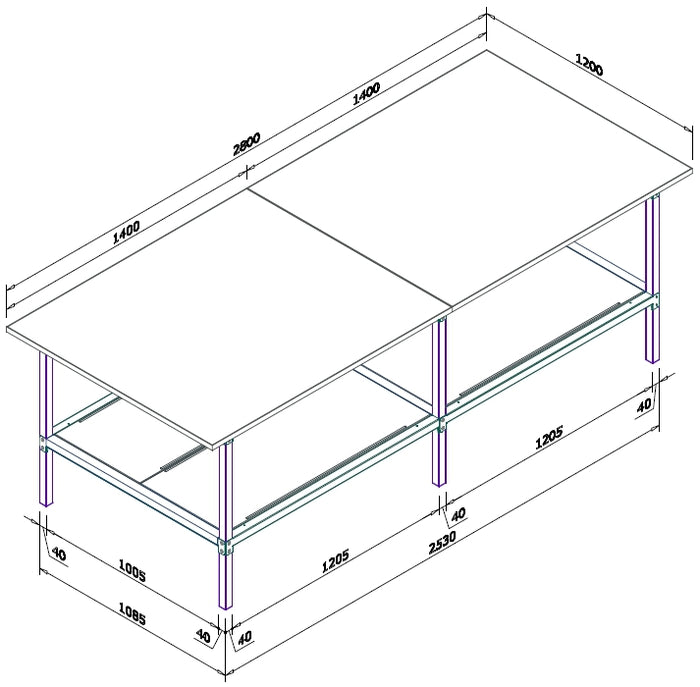 Banco per lavoro con struttura di metallo zincata e piano in nobilitato cm. 280x120x93h
