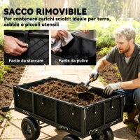 Carrello da Giardino in Acciaio da 114L con Sacca Portaoggetti e Pareti Rimovibili, 105x51x54 cm, Nero