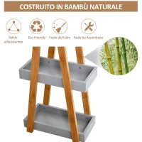 Scaffale Salvaspazio da Bagno in MDF e Bambù, Forma a Piramide con 3 Mensole, Color Legno e Grigio, 30x18x81cm