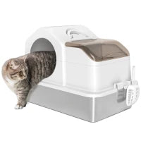 Lettiera per Gatti Chiusa con 2 Tappetini, in Acciaio Inox, ABS e PP, 60.5x40.5x42 cm, Bianca e Argento