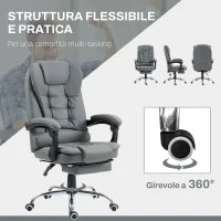 Sedia da Ufficio Ergonomica Reclinabile a 145° con Poggiapiedi Estraibile in Finta Pelle, Grigio