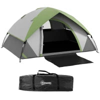Tenda da Campeggio 2 Posti con Finestra a Rete, in Poliestere, Fibra di Vetro e PE, 210x150x110 cm, Grigio e Verde