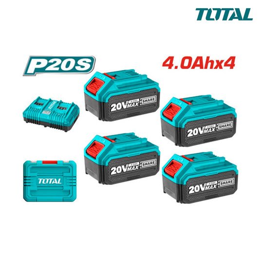 KIT SET 4PZ BATTERIE 4Ah + CARICABATTERIE RAPIDO DOPPIO P20S IONI AL LITIO TOTAL