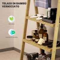 Scaffale Bagno 3 Ripiani con Porta Asciugamani a 3 Barre, Autoportante e Pieghevole in Legno di Bambù