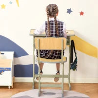 Banco Scuola con Sedia per Bambini 6-12 Anni, Scrivania per Bambini con Altezza Regolabile, Vano Contenitore e Portapenne, Acciaio e MDF, Color Legno