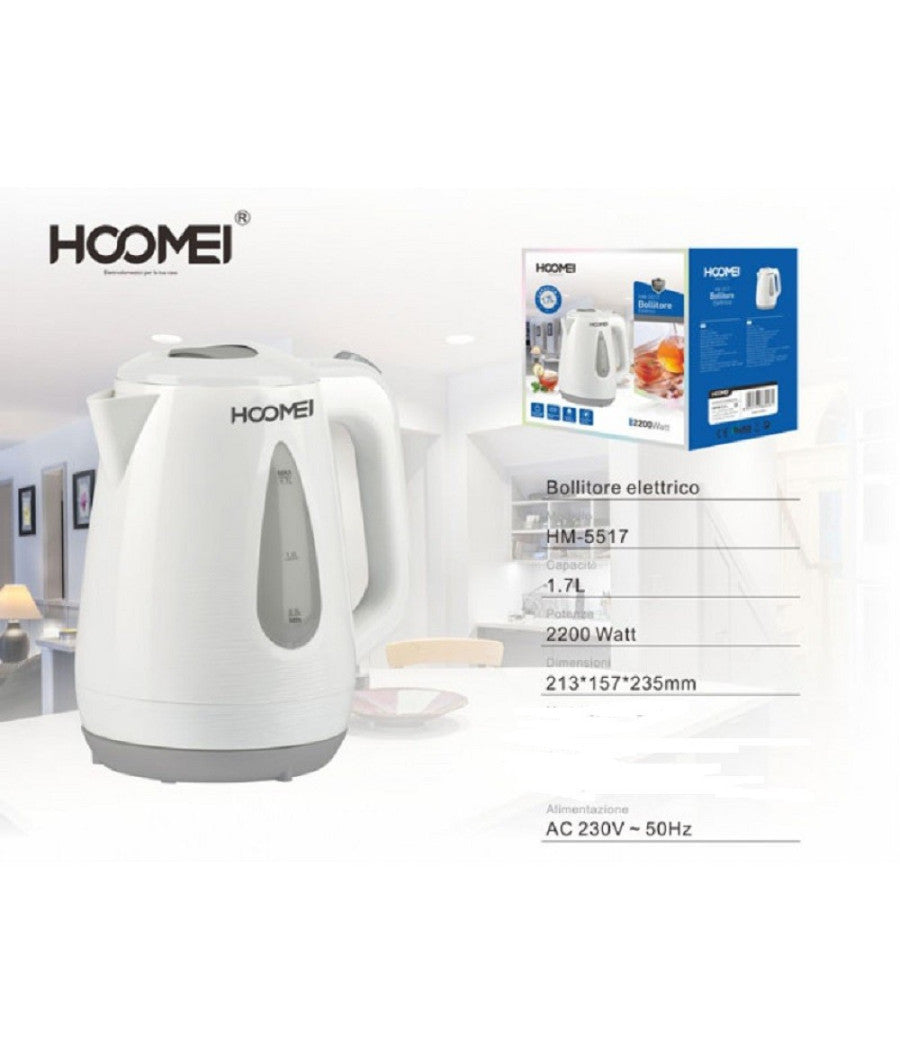 Bollitore Elettrico 2200 Watt 1.7 Litri Con Base Girevole 360° Per Bevande Calde         