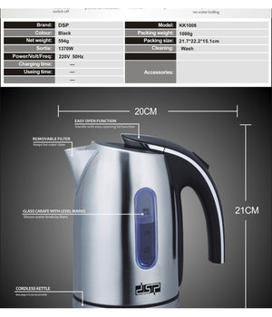 Bollitore Elettrico A Caraffa Da 1,2lt In Acciaio Inox Per Te' E Infusi 1370w         