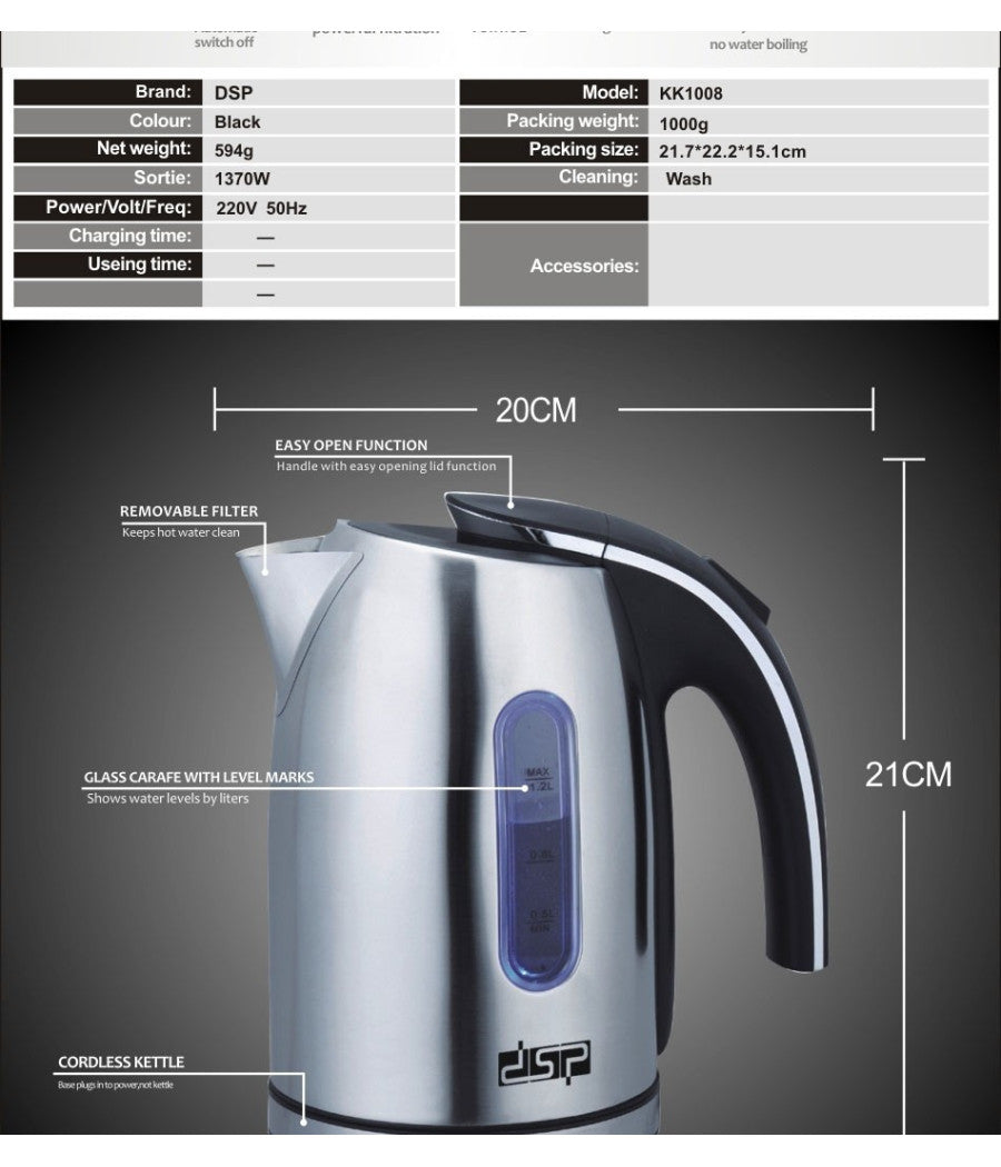 Bollitore Elettrico A Caraffa Da 1,2lt In Acciaio Inox Per Te' E Infusi 1370w         