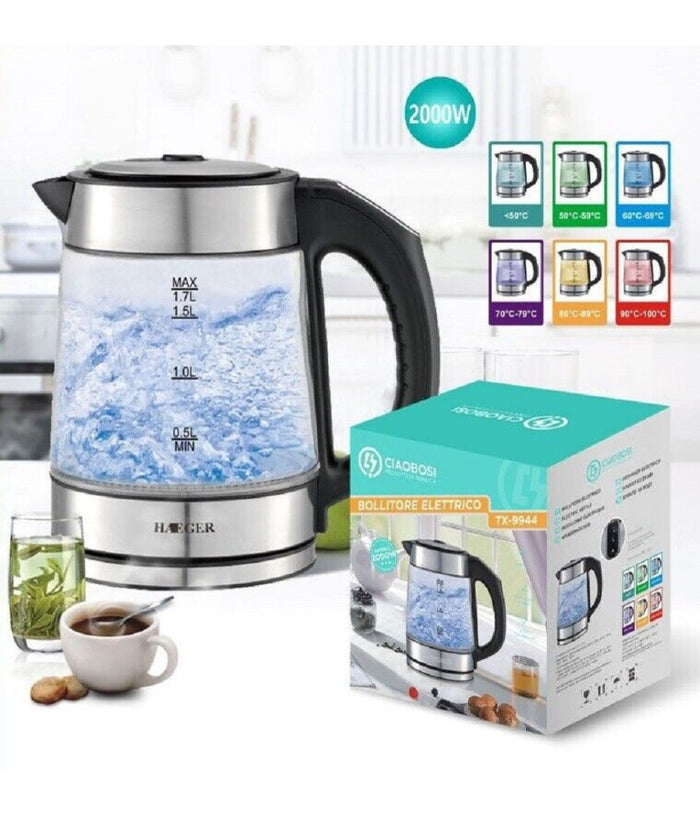 Bollitore Elettrico In Vetro Capacità  1,7 Lt 2000 W Acqua Ufficio Viaggi Tx-9944         