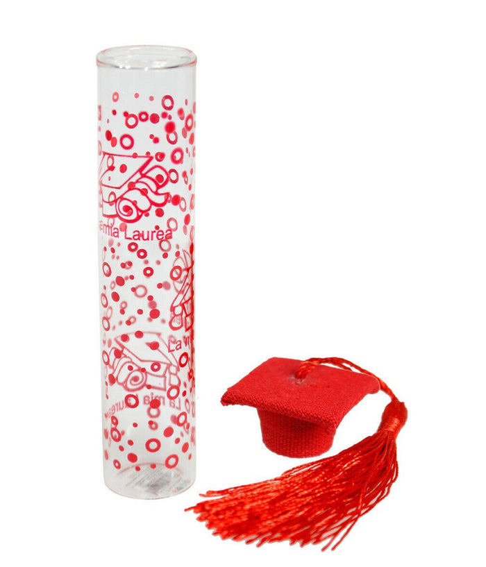 Bomboniera Ampolla In Vetro Con Tappo In Sughero Per Laurea Cappello Tocco Rosso         