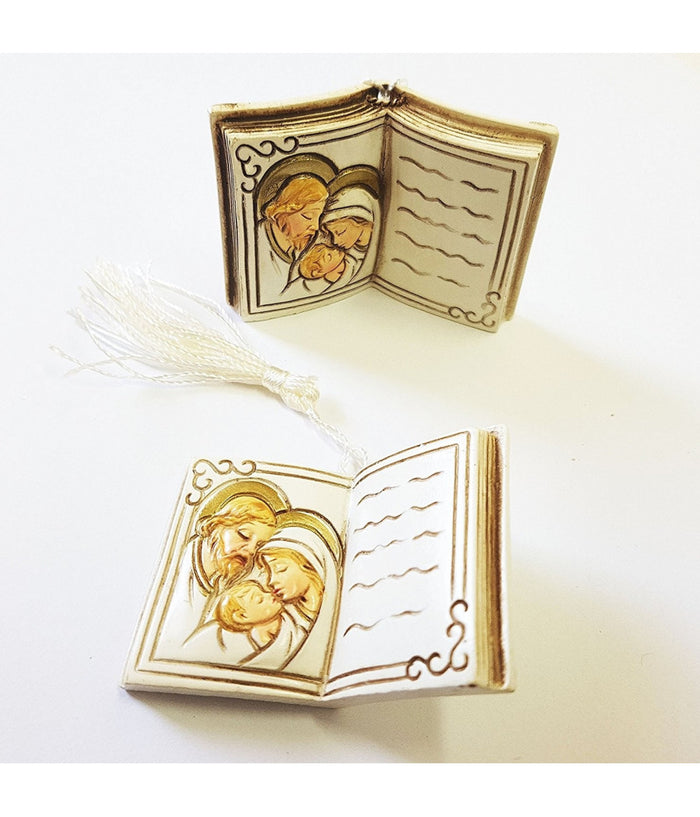 Bomboniera Bomboniere Libro Con Natività  San Giuseppe Madonna Bambino Bianco Oro         